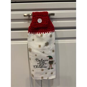 Crochet Top Kitchen Towel-Believe in magic of Christmas. Red topper